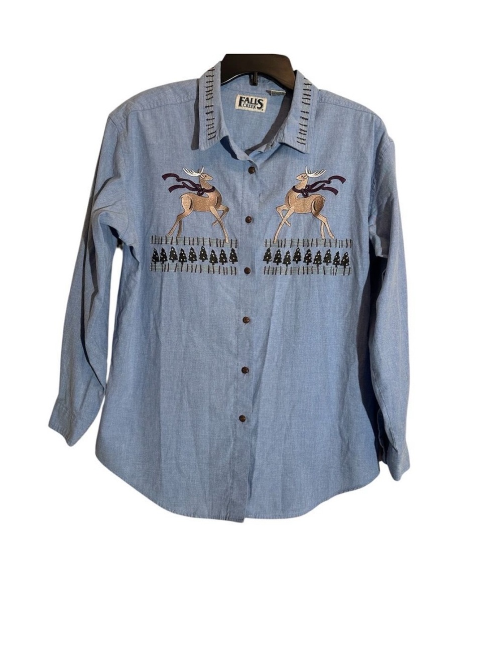 Vintage 80’s Folk Embroidery Button Front Shirt Chambray Large Christmas Grandma